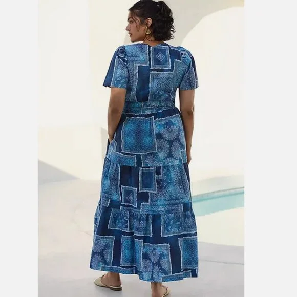 Anthropologie The Somerset Maxi Dress Cotton Bandana Patchwork Print Blue L NWT